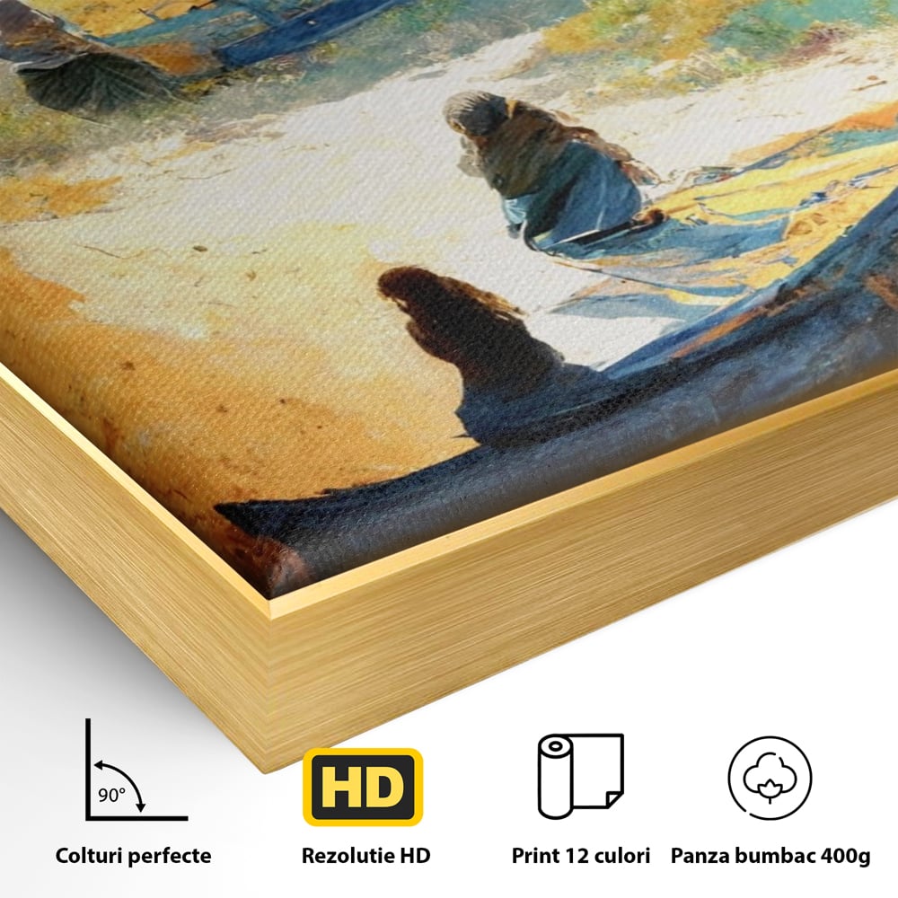 Detaliu al suprafetei: tablou canvas cu femei pe plaja si barci, in rama de aluminiu auriu
